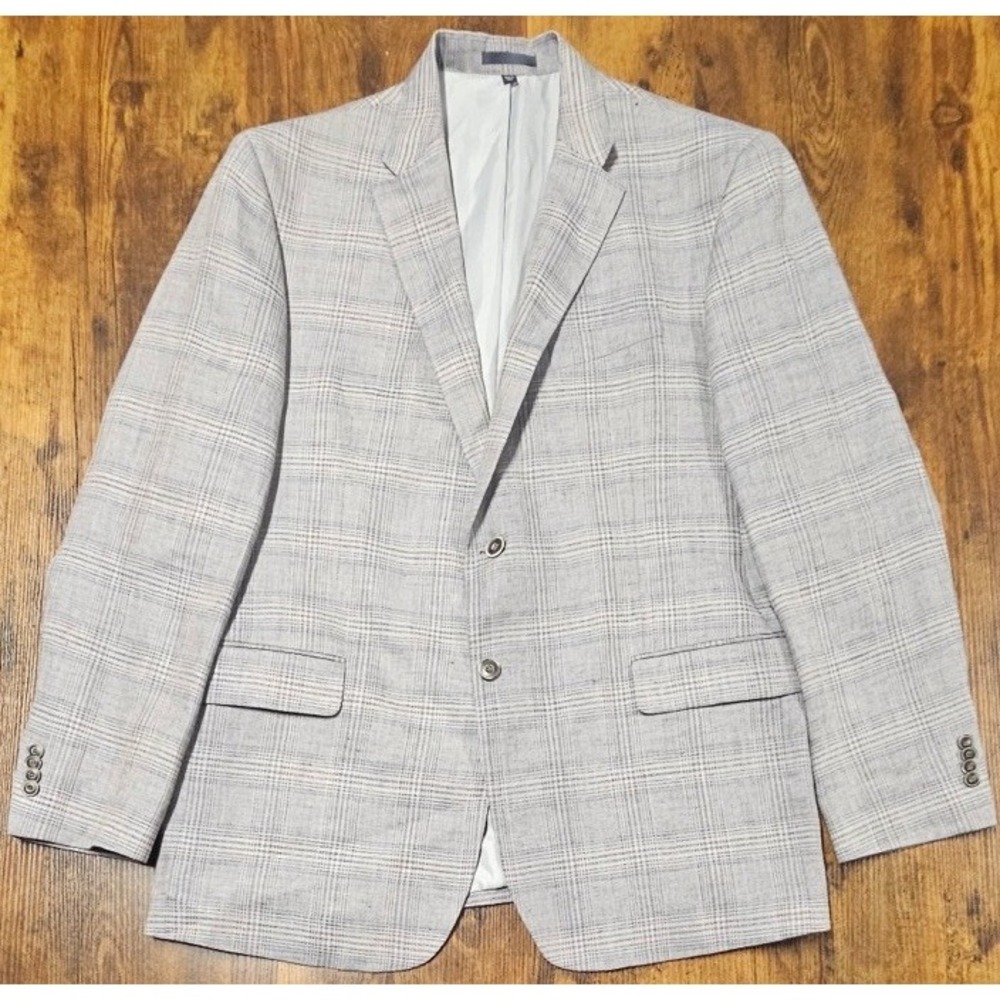 JOS A BANK 1905 Men's 42R Plaid 100% Linen Blazer Jacket Suit Separate Gray